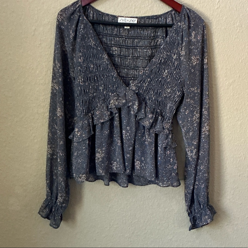 She + Sky Navy Floral Ruffle Blouse